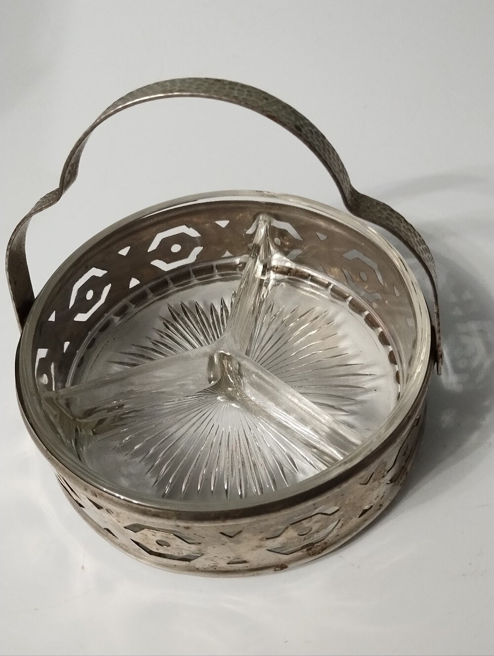 Vintage Depression Glass Divided Dish with Silver-Tone Filigree Handle